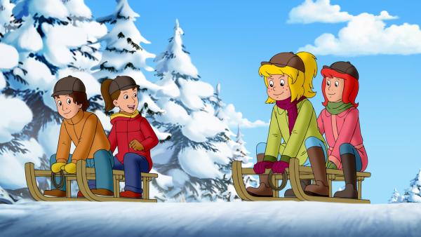 Bild 1 von 10: Bibi (2.v.r.) und Tina (r.) haben mit den Ferienkindern Ronja (2.v.l.) und Luzie (l.) Spaß im Schnee.