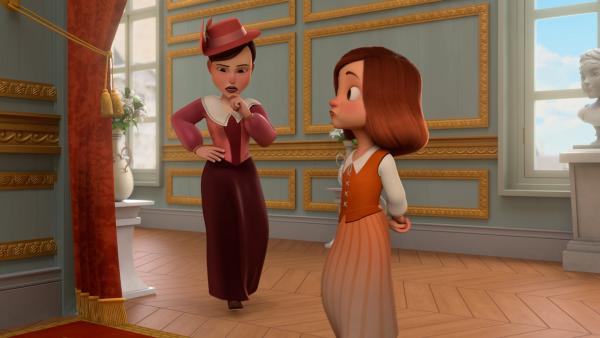 Bild 1 von 2: Gräfin Cancoillotte (l.) möchte mit Charlotte (r.) zusammen die Münzen in Richelieus Büro zählen. Irgendetwas scheint hier überhaupt nicht zu stimmen.