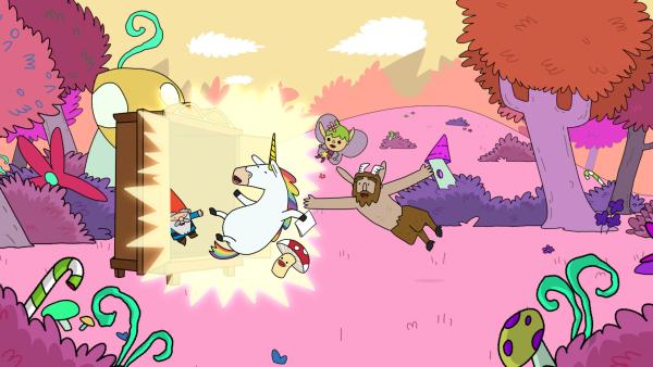 Bild 1 von 2: Von links: Herbert, Blümchen, Tupfen, Twinkle und Hufius: Der windschiefe Schrank überführt die Helden in eine windschiefe Parallelwelt.