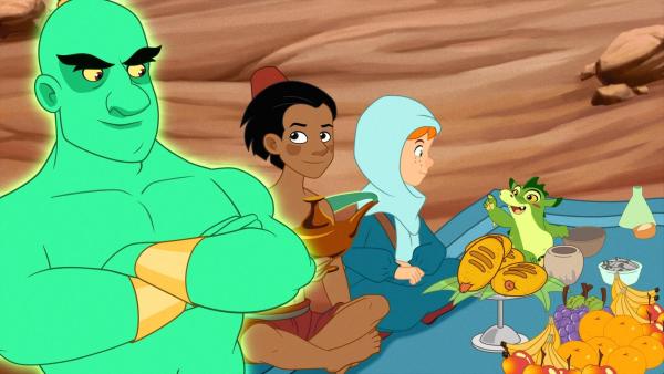 Bild 1 von 17: Im Bild: Lilli, Hektor und Al tafeln zusammen mit dem Dschinn in der Wüste.