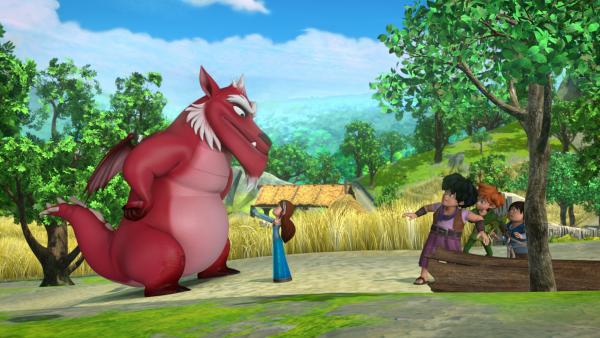 Bild 1 von 9: Die Freunde Little John, Robin Hood und Tuck treffen auf den gefürchteten Sherwood-Drachen und finden seinen Schatz, ein Buch. Marian möchte es ihm zurückgeben.