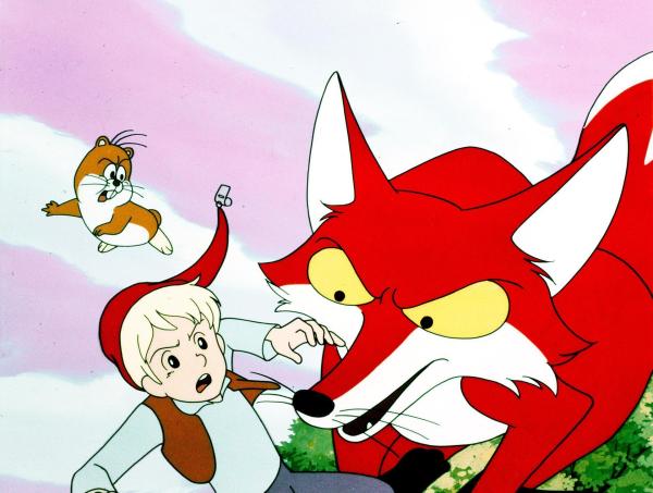 Bild 1 von 2: Im Bild: Der Fuchs Smirre hat Nils Holgersson und den Hamster Krümel aufgespürt und ist ihnen nun dicht auf den Fersen. Für einen Augenblick sieht es so aus als würde Smirre diesmal tatsächlich den Sieg über Nils davon tragen. Doch wie immer wird Nils HOlgersson aus dieser gefährlichen Situation einen Ausweg finden.