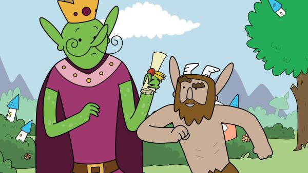 Bild 1 von 2: Der Koboldkönig (l.) darf bei den Helden wohnen. Ihm gefällt das Leben bei ihnen, und er gibt vor, ebenfalls als Held im Dienste des 'Rat des Glücks' sein zu wollen. Hufius (r.) hat bereits einen Plan, wie er dem Koboldkönig die Mission vermiest.