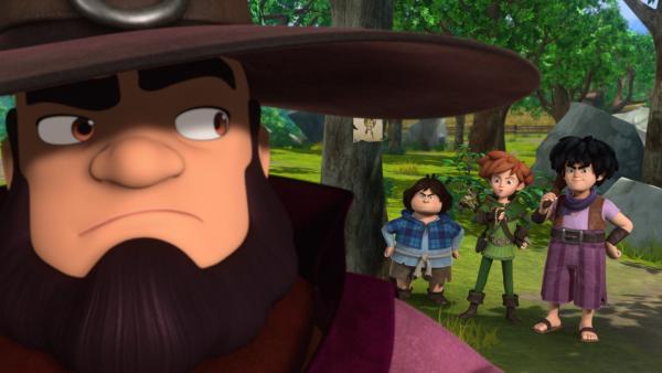 Bild 1 von 3: Tuck, Robin Hood und Little John haben den Zauberer in seinem Versteck mit den gestohlenen Sachen erwischt und stellen ihn zur Rede.
