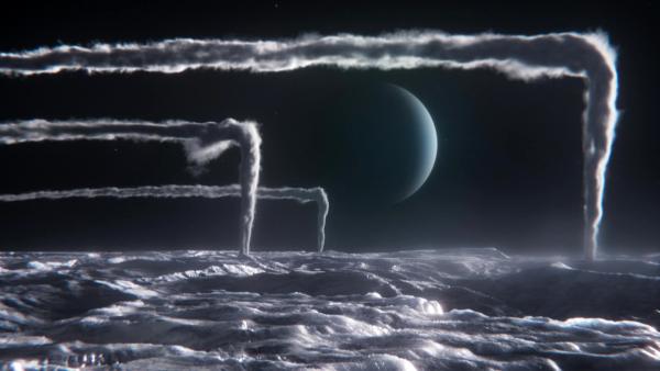 Bild 1 von 3: Triton ist der größte Neptunmond und besitzt eine dünne Atmosphäre. Vor allem aber ist er vulkanisch aktiv und erzeugt spektakuläre Stickstofffahnen.