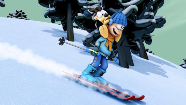 Bild 1 von 3: Während Jon und Odie sich in der verschneiten Landschaft vergnügen, hockt der entnervte Garfield frierend in der Hütte.