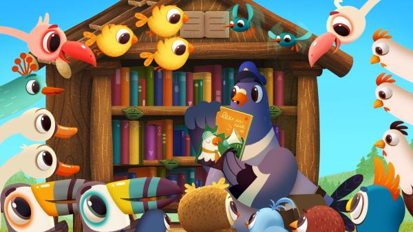 Bild 1 von 1: Herr Brieftaube besucht das Camp mit seiner mobilen Bücherei.