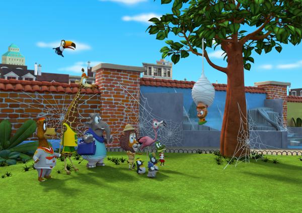 Bild 1 von 3: Als die Tiere morgens im Zoo ankommen, erleben sie eine große Überraschung. Über Nacht sind all die Spinnen aus der Kanalisation, die wegen heftigen Regens überflutet war, in den Zoo geflüchtet und haben sich dort ausgebreitet. Und sie haben Herrn Timmer, den Zoodirektor, in ein Kokon gesponnen.© ZDF/Grid Animation, TELEGAEL - Honorarfreie Verwendung gemäß AGB im redaktionellen Zusammenhang mit genannter Sendung bei Nennung \