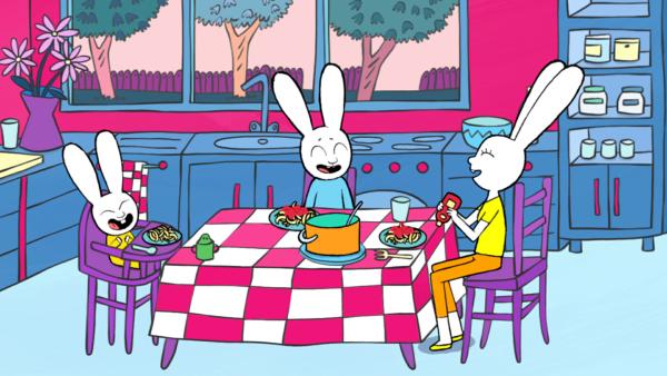 Bild 1 von 3: Beim gemeinsamen Spaghetti-Essen haben Franz (l.), Simon (M.) und Babysitterin Marion (r.) eine tolle und spaßige Zeit.