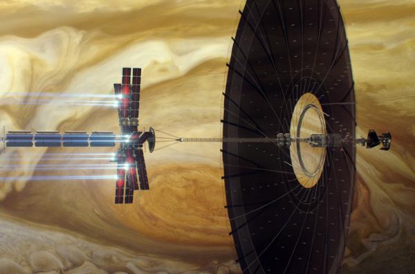 Bild 1 von 4: Das Raumschiff der Minerva-Mission fliegt am Planeten Jupiter vorbei.