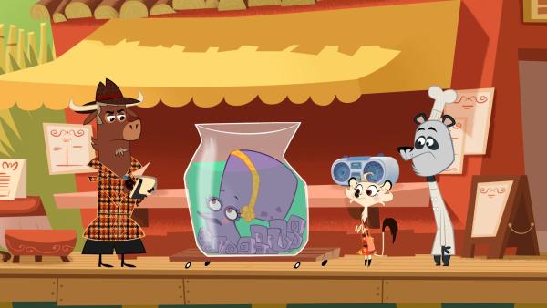 Bild 1 von 6: Restaurantbesitzer Panda bittet Sherlock Yack und Hermione um Hilfe: Jemand hat seiner Angstellten, Frau Krake, die Tentakel verknotet.