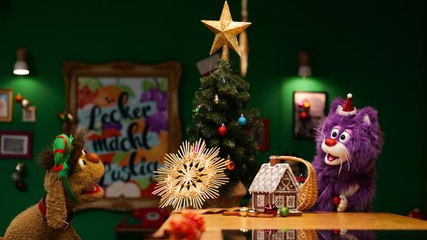 Bild 1 von 3: Moppi und MiWau dekorieren einen Baum im Leckerladen - mit Kugeln von MiWau und Sternen von Moppi.