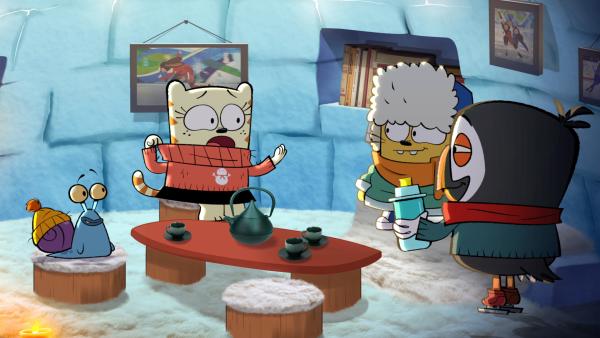 Bild 1 von 3: Im Iglu ist es für Stanley, Moon, Ollie und Inuk (v.l.) angenehm warm.