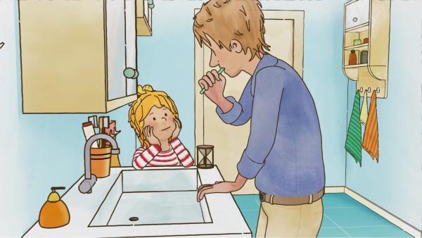 Bild 1 von 3: Conni war bei der Zahnärztin und weiß nun ganz genau, wie wichtig gründliches Zähneputzen ist. Deshalb passt Conni auf, dass Papa nun auch alles richtig macht.