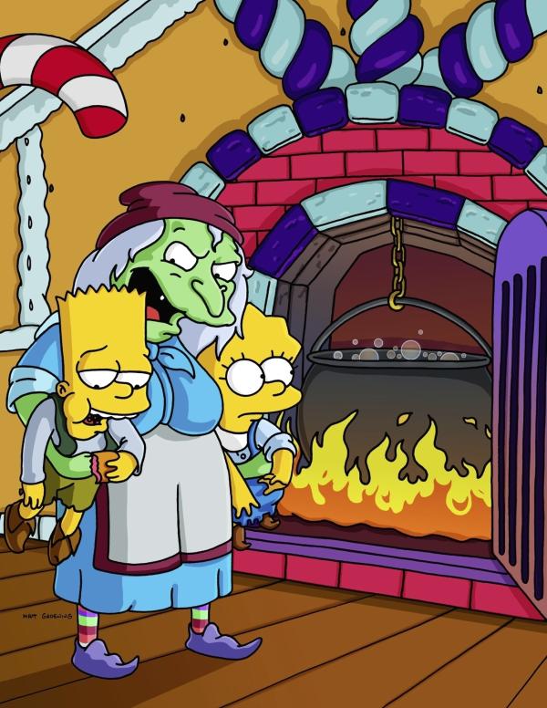 Bild 1 von 14: Bart (l.) und Lisa (r.) wurden von ihren Eltern ausgesetzt und sind bei der bösen Hexe (M.) im Lebkuchenhaus gelandet.