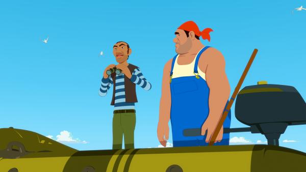 Bild 1 von 5: Rico und Biff halten Ausschau nach Zoom. Sie haben den Auftrag, den weißen Delfin zu entführen.