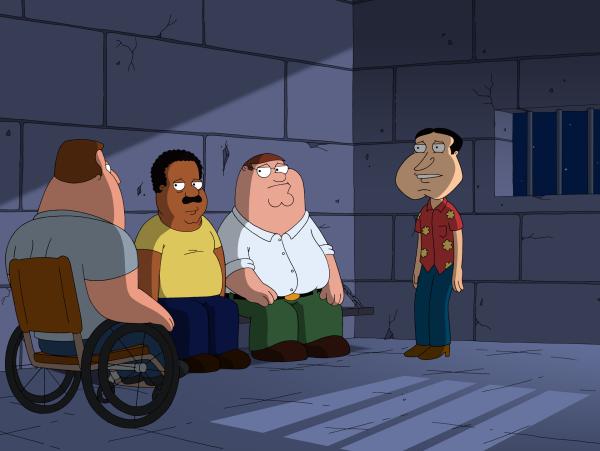 Bild 1 von 28: Bei ihrer Suche nach dem schmutzigsten Witz landen Quagmire (r.), Joe (l.), Cleveland (2.v.l.) und Peter (2.v.r.) auf einer geheimen Insel, wo sie gefangen genommen werden ...