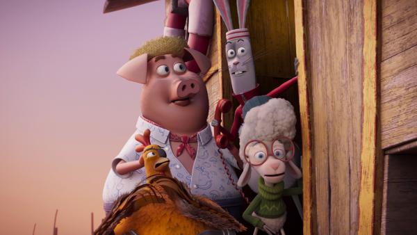 Bild 1 von 1: Flo, Clive, Maggie, Billy und Jo können es nicht fassen, der Bauer will den Hühnerstall renovieren.© KiKA/KiKA/2022 Sixteen South/Mikros Animation IP/Tencent - Honorarfreie Verwendung gemäß AGB im engen inhaltlichen redaktionellen Zusammenhang mit genannter Sendung bei Nennung \