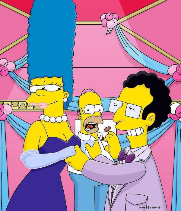 Bild 1 von 16: Als Marges (l.) steinreicher Ex-Freund Artie (r.) Homer (M.) eine Million Dollar für ein Wochenende mit seiner Frau anbietet, nimmt dieser in seiner Geldgier das unmoralische Angebot an.