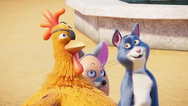 Bild 1 von 1: Damit Kater Prinz lernt, wie man Mäuse fängt, hat sich Ei Jo als Maus verkleidet.© KiKA/KiKA/2022 Sixteen South/Mikros Animation IP/Tencent - Honorarfreie Verwendung gemäß AGB im engen inhaltlichen redaktionellen Zusammenhang mit genannter Sendung bei Nennung \