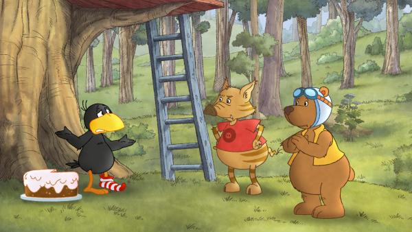 Bild 1 von 4: Eddi und Stulle glauben Socke nicht, dass er die Torte geschenkt bekommen hat.