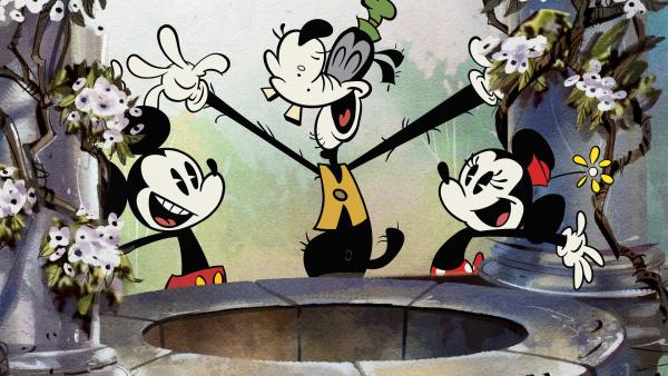 Bild 1 von 7: Kater Karlo stibitzt alle Münzen aus dem Wunschbrunnen. Micky hat die schwere Aufgabe, sie wieder zurückzuholen. Minnie versucht derweil Goofy und die sieben Zwerge zu beruhigen.