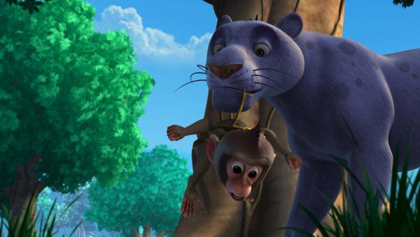 Bild 1 von 7: Baghira hat das Affenbaby sicher in seinem Maul. Nun muss er es schnell zurück zu Kaa und den anderen bringen.