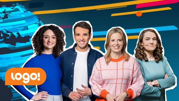 Bild 1 von 1: Die logo!-Moderator:innen (v.l.n.r.): Maral Bazargani, Sherif Rizkallah, Linda Fuhrich und Lotte Glatt