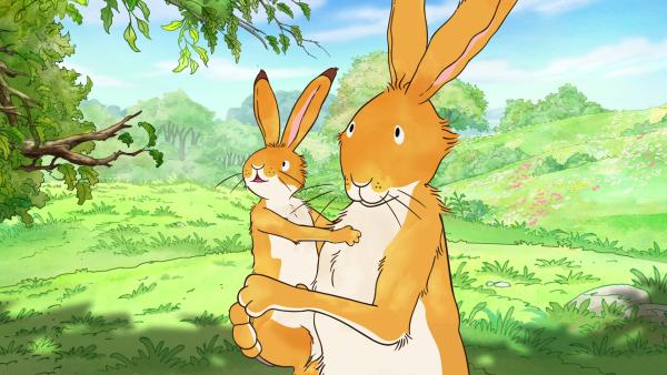 Bild 1 von 7: Der große und der kleine braune Hase machen sich auf den Weg zum Blumenfeld.© KiKA/SLR Productions Australia Pty.Ltd./Scrawl Studios Pte Ltd./hr/ARD - Honorarfreie Verwendung gemäß AGB im redaktionellen Zusammenhang mit genannter Sendung bei Nennung \