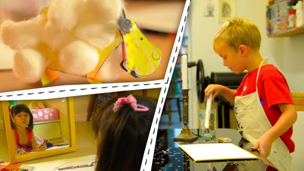 Bild 1 von 2: Das Steckschaf mit Watte, Justus tropft Kerzenwachs auf Papier und Karnpicha schaut sich im Spiegel an.