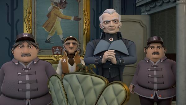 Bild 1 von 3: Graylock (Mitte rechts) vollzieht mit Hilfe des herzoglichen Dieners Bartolo (Mitte links) und seinen Wachen Boris (links) und Donald (rechts) einen Putsch und nimmt das Herzogspaar gefangen.