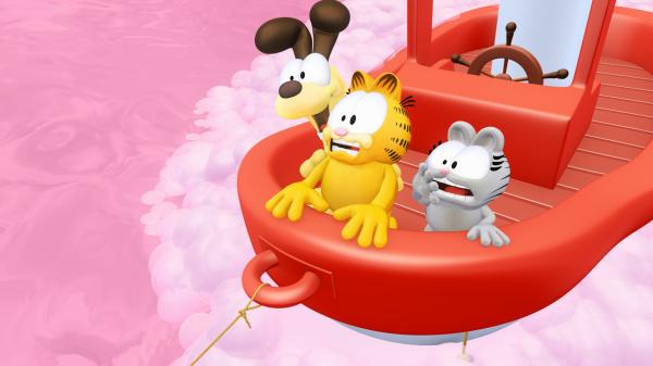 Bild 1 von 3: Damit das Baden nicht so langweilig ist, lässt Garfield seine Fantasie spielen und geht zusammen mit Odie und Nermal auf eine abenteuerliche Reise