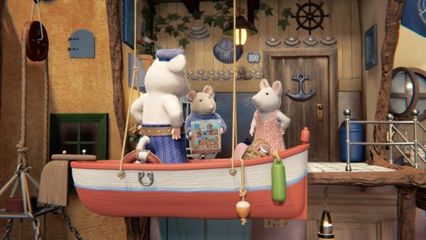 Bild 1 von 3: Das Bild im ersten Fenster des Mäusehaus-Kalenders hat Sam (Mitte) und Julia (rechts) zu Opa Seemann (links) geführt.© ZDF/Cielo Films/Caribara Production/SuperswissRed/M.A.R.K.13/ZDF Studios GmbH - Honorarfreie Verwendung gemäß AGB im redaktionellen Zusammenhang mit genannter Sendung bei Nennung \