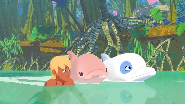 Bild 1 von 5: Yann ( l.) ist mit dem rosa Delfin (M.) und Zoom (r.) in die Mangrovenwälder geflüchtet. Er will den rosa Delfin verstecken. Einer Legende nach soll die Ankunft eines rosa Delfins Unglück verheißen. Aber Yann glaubt nicht daran und möchte den Delfin in Sicherheit bringen.© ZDF/Media Valley/Marzipan Films - Honorarfreie Verwendung gemäß AGB im redaktionellen Zusammenhang mit genannter Sendung bei Nennung \