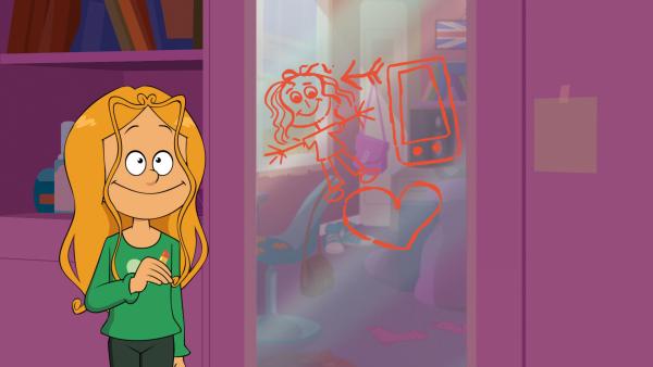 Bild 1 von 5: Marine betrachtet stolz ihr Lippenstift-Graffity, mit dem sie Wendy daran erinnert, dass sie ihr das alte  Handy versprochen hat.