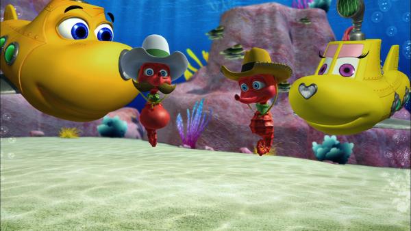 Bild 1 von 3: Timmy und Bess freuen sich, dass Seepferdchen Ranger Bill von seinem alten, bärtigen Freund Shane besucht wird.