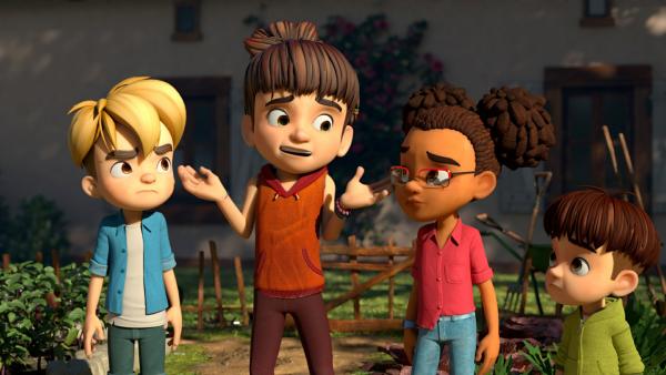 Bild 1 von 3: Die Dorfbandenkinder haben keine Ahnung, wie sie ihren Drachen von Bauer Ludwig zurückbekommen sollen.© ZDF/La Station Animation - Honorarfreie Verwendung gemäß AGB im redaktionellen Zusammenhang mit genannter Sendung bei Nennung \