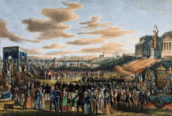 Bild 1 von 7: Die Enthüllung der Bavaria am 9. Oktober 1850. Kolorierte Lithographie von Gustav Wilhelm Kraus.