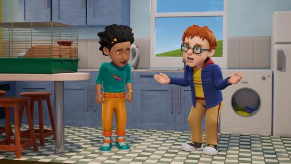 Bild 1 von 3: Das Meerschweinchen Norris bereitet Mandy und Norman Sorgen, weil es nicht da ist, wo es sein sollte.