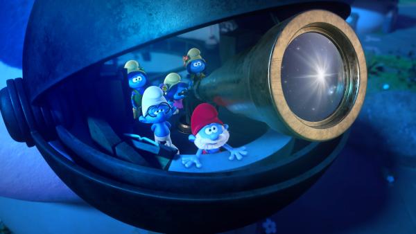 Bild 1 von 1: Beim Blick in den Nachthimmel verliebt sich Blüte Hals über Kopf.© KiKA/Peyo Productions, Dupuis Édition & Audiovisuell - Honorarfreie Verwendung gemäß AGB im redaktionellen Zusammenhang mit genannter Sendung bei Nennung \