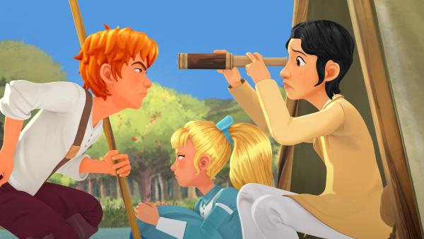 Bild 1 von 3: Tom (li.), Becky (Mi.) und Alfred (re.) gehen auf Schatzsuche.