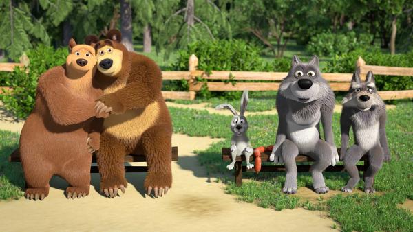 Bild 1 von 6: Die Bären, die Wölfe und der Hase schauen den Affen zu.