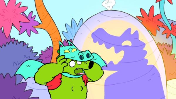 Bild 1 von 3: Professor Wolf ist kein mutiger Drache, denn er hat Angst vor dem Drachenschatten an der Steinwand.