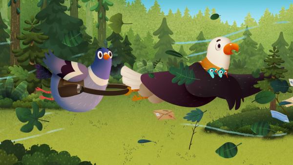 Bild 1 von 1: Während einer Wanderung weht der Wind so stark, dass Herr Brieftaube und die Campleiterin fast weggeweht werden.© KiKA/Sixteen South & Letko - Honorarfreie Verwendung gemäß AGB im redaktionellen Zusammenhang mit genannter Sendung bei Nennung \