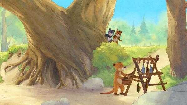 Bild 1 von 3: Hungrig beobachten die Kater wie Lukas seine Fische zum Trocknen aufhängt.