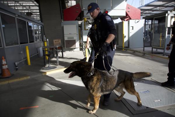 Bild 1 von 5: CBP K9 Officer Plamondon walks around the San Ysidro Port of Entry with his K9, searching for illicit items.