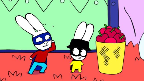 Bild 1 von 3: In ihrer Superhelden-Fantasiewelt müssen Superhase (l.) und Captain Hase (r.) den Korb mit gestohlenen Äpfel zurückerobern.