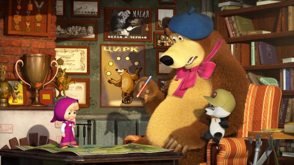 Bild 1 von 7: Mascha, der Bär und Panda planen einen Ausflug in den Wald, um dort besonders malerische Plätze zu finden.