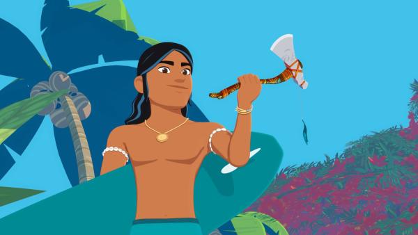 Bild 1 von 4: Auru hält das Beil des Schamanen Ramana triumphierend in die Höhe. Das Beil ist wiedergefunden.