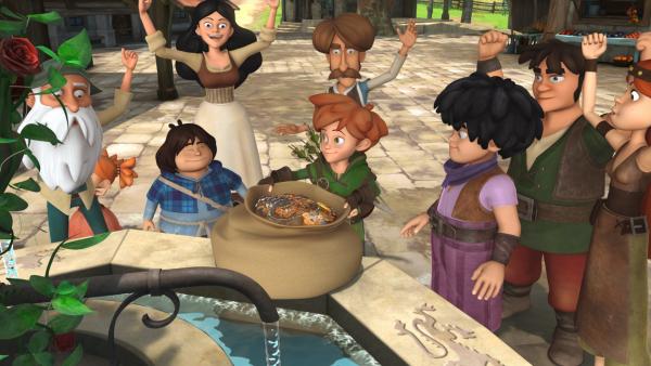 Bild 1 von 4: Operation Spuk war dank Robin und seinen Gefährten Tuck und Little John ein voller Erfolg. Das Trinkwasser ist wieder genießbar und auch die Münzen, die Prinz John den Dorfbewohnern abgenommen hat, sind wieder da.